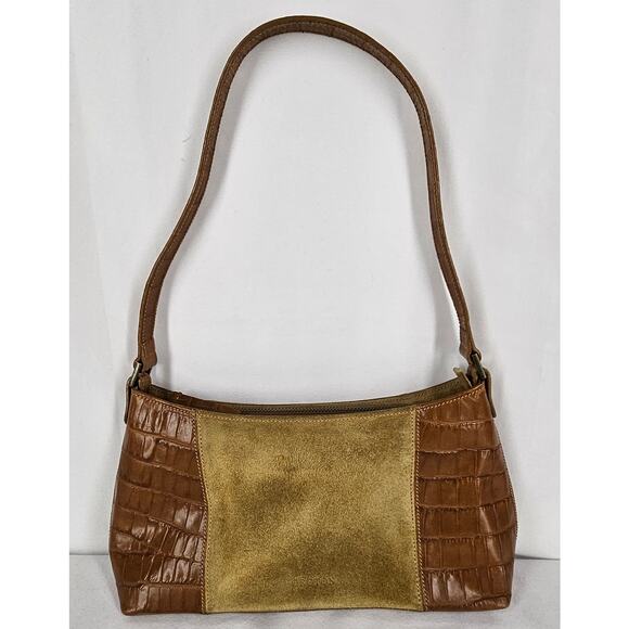 OROTON VINTAGE BROWN LEATHER AND SUEDE SHOULDER PURSE CROC PATTERN - Picture 2 of 16